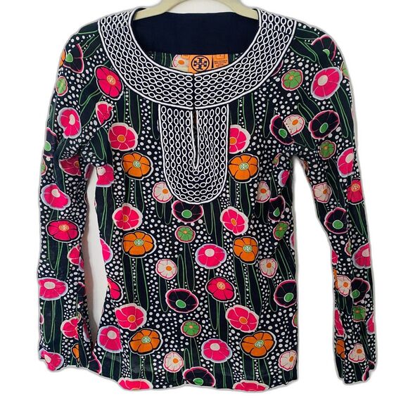 Tory Burch Embroidered Floral Cotton Lightweight Mod Tunic Top Blouse Sz 2 - Picture 1 of 5